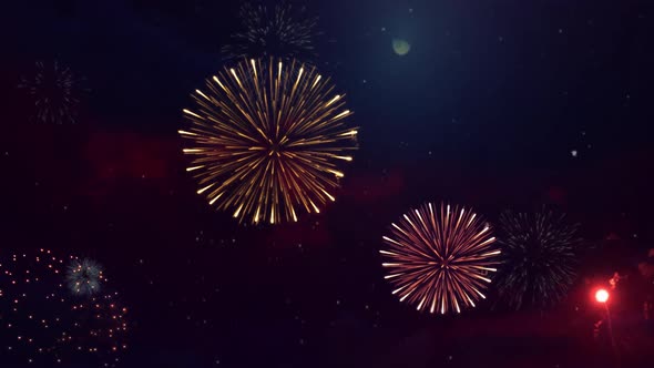  Golden Shiny Fireworks with Bokeh Lights in the Night Sky Loop Animation Background.  alt