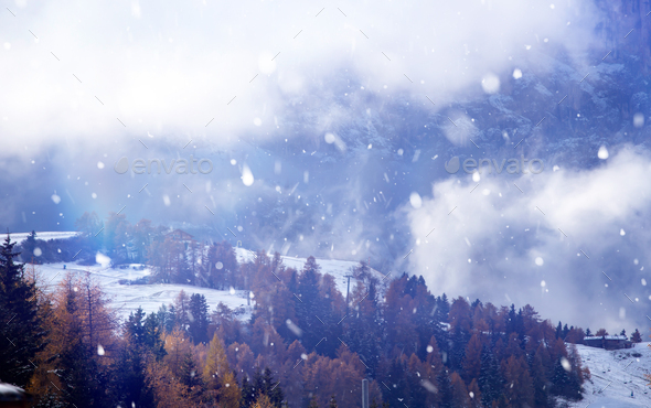 Snowfall at Alpe de Siusi in the sunset. - Stock Photo - Images