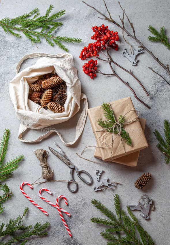 Zero waste Christmas concept. Natural Chirsmas decoration and Hand crafted gifts without plastic - Stock Photo - Images