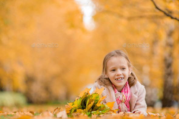 Portrait of adorable little girl with yellow leaves bouquet in fall - Stock Photo - Images