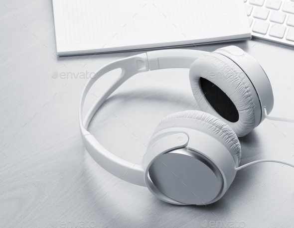 Headphones, notepad and pc - Stock Photo - Images