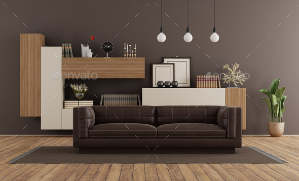 Jood bekennen Gezicht omhoog Modern living room with brown sofa and bookcase Stock Photo by archideaphoto