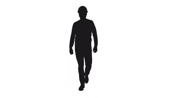 Black And White Silhouette Of Architect In Hardhat Walking On Site