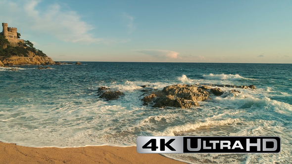 Beautifu Sunset View of the Sea Waves, Lloret de Mar, Catalunya, Spain