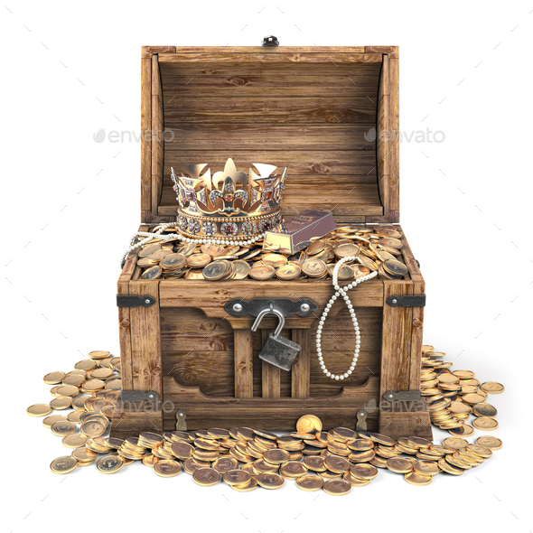 Open treasure chest filled with golden coins, gold and jewelry i Stock  Photo by maxxyustas