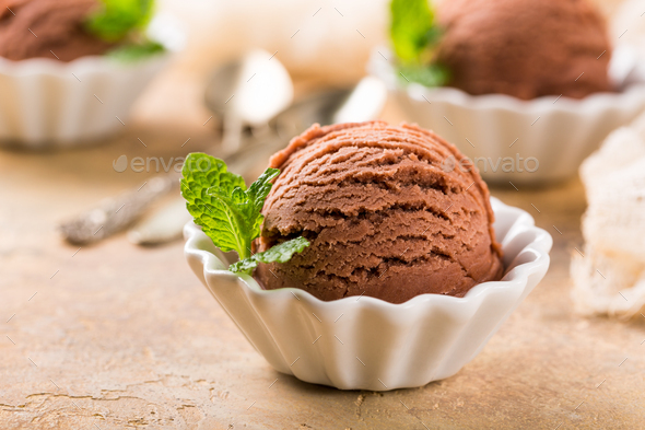 Chocolate ice cream in white bowl. - Stock Photo - Images