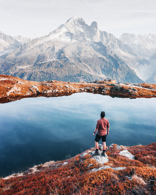 Amazing view on Monte Bianco mountains range with tourist on a foreground - Stock Photo - Images