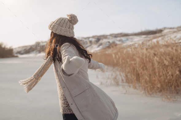 Winter Woman Having Fun Outdoors on Nature - Stock Photo - Images