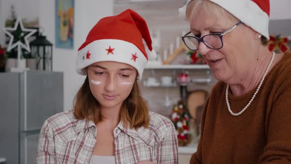 Grandmother Teaching Granddaughter How Sift Flour Ingredient Preparing Homemade Delicious Dessert alt