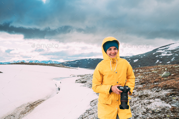 Aurlandsfjellet, Norway. Happy Young Woman Tourist Traveler Phot - Stock Photo - Images