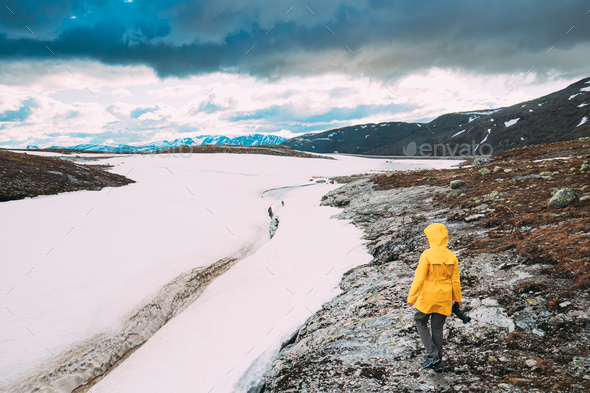 Aurlandsfjellet, Norway. Happy Young Woman Tourist Traveler Phot - Stock Photo - Images