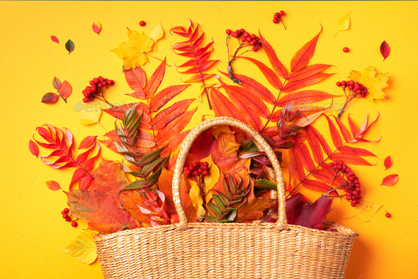 Autumn composition. Straw bag with autumn dried leaves on yellow background. Flat lay. Top view - Stock Photo - Images