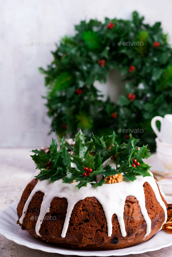 Christmas Homebaked Dark Chocolate Bundt Cake Decorated With Holly Berry Branches On Stone Stock Photo By Lyulkamazur