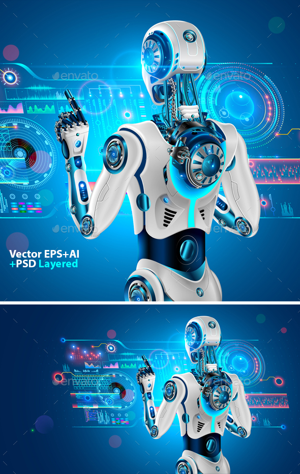 Robot stands with back to viewer and Cyborg looks at