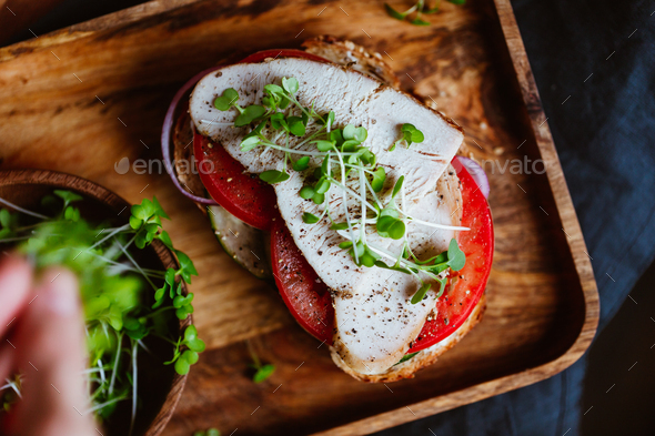 Sandwiches with turkey meat and fresh vegetables served with microgreens on a wooden plate - Stock Photo - Images