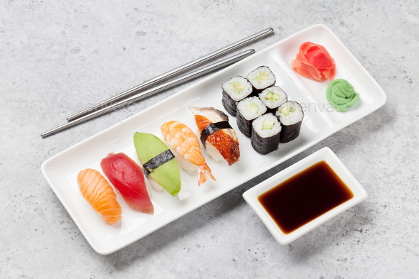 Japanese sushi set Stock Photo by karandaev