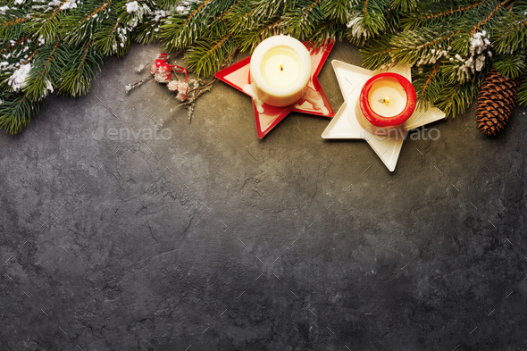 Christmas card with fir tree and candles - Stock Photo - Images