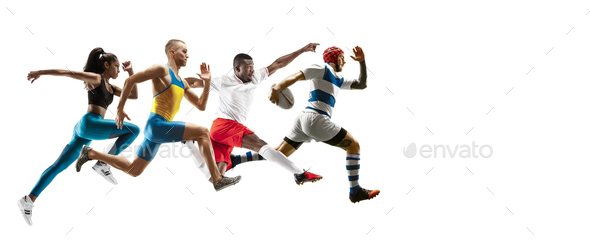 Young caucasian sportsmen running and jumping on white background