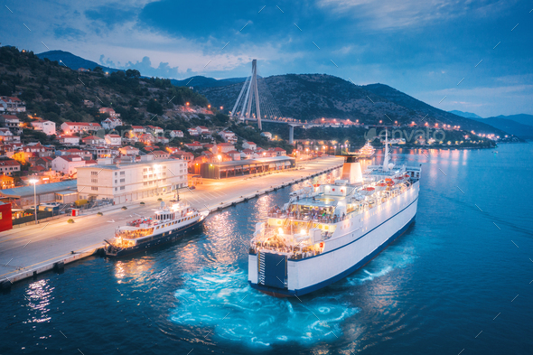 Aerial view of cruise ship in port at night. Landscape - Stock Photo - Images