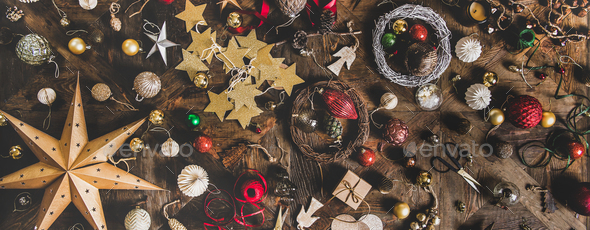 Christmas or New Year holiday decoration layout background, wide composition - Stock Photo - Images