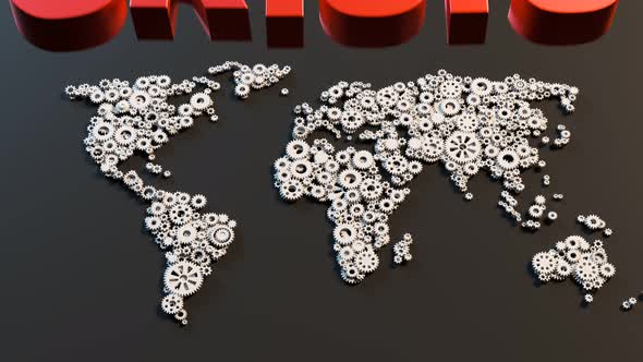 World in crisis. Map with gears breaks apart. Political or economic disaster. alt