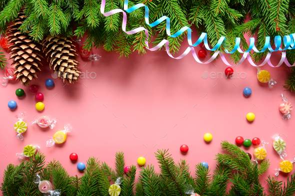 Flat lay design of Christmas greeting card of fir twigs cones - Stock Photo - Images