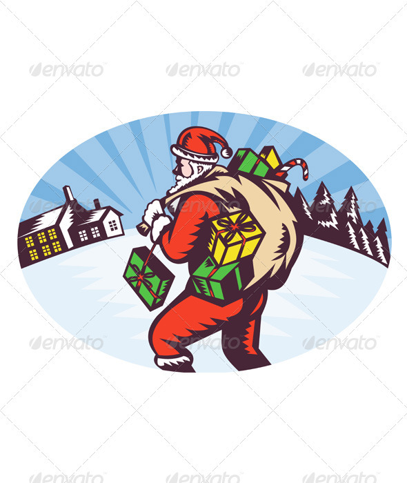 Santa Claus Bearing Presents Winter Scene - Christmas Seasons/Holidays