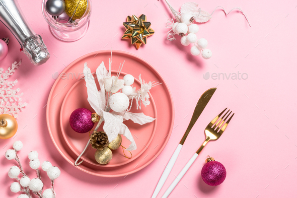 Christmas table setting on pink top view - Stock Photo - Images