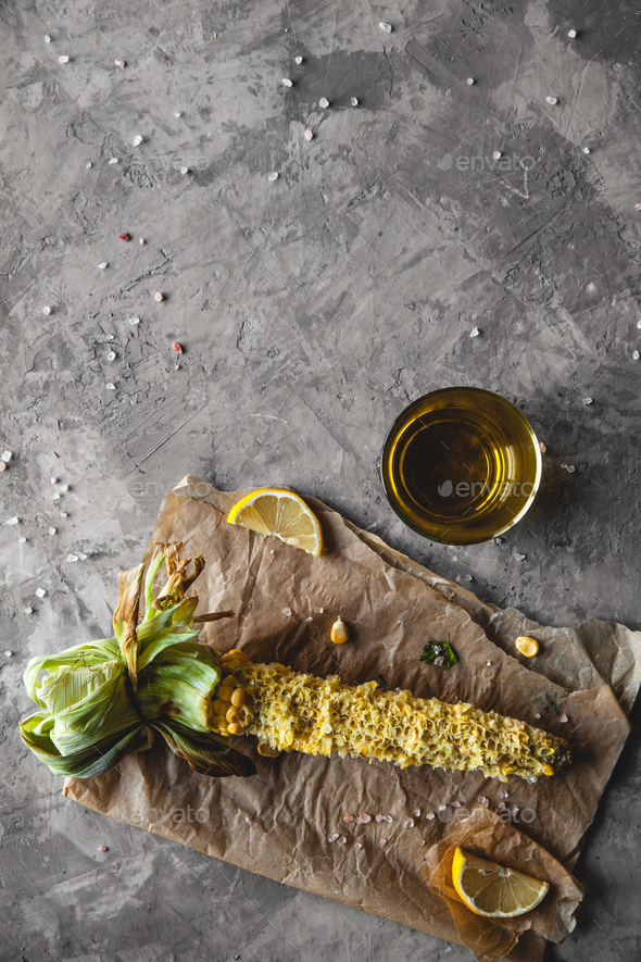 Grilled corn cobs with sauce, coriande. Mexican food. Top view. Copy space, healthy food, vegetables - Stock Photo - Images