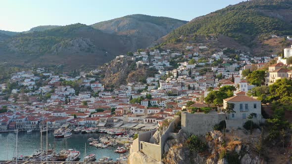 Aerial View of Hydra Old Town and Marina or Seaport Greece  Drone Videography alt