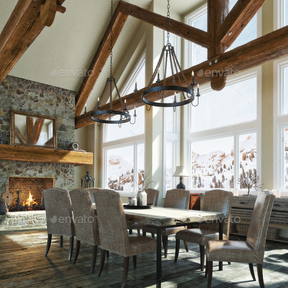 Winter cabin rustic dinning room - Stock Photo - Images