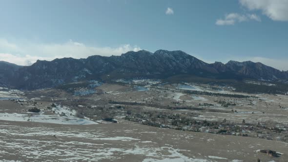 Drone Shot Ascending Over Snowy Colorado Plains With Front Range In Background