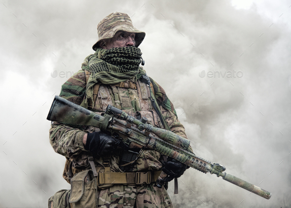 Brutal commando army soldier veteran armed sniper rifle - Stock Photo - Images