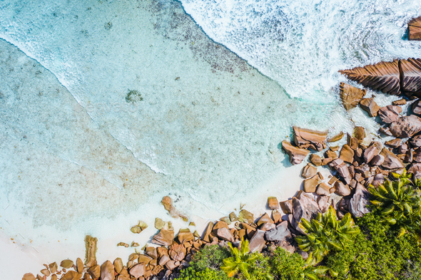 Anse Cocos beach tropical island La Digue Seychelles. Drone aerial view bird-eye perspective at the - Stock Photo - Images