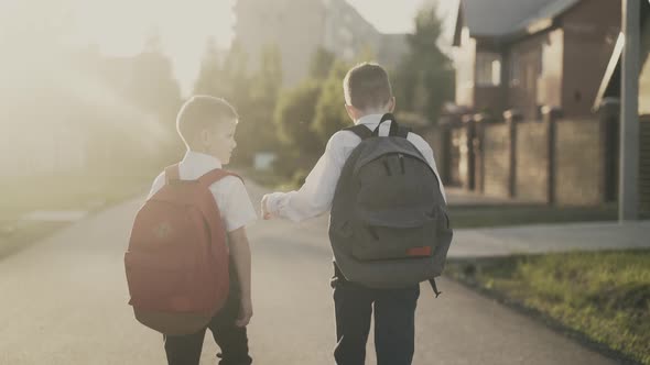 Back View: Two Schoolboys Return Home After Classes, They Talk. alt
