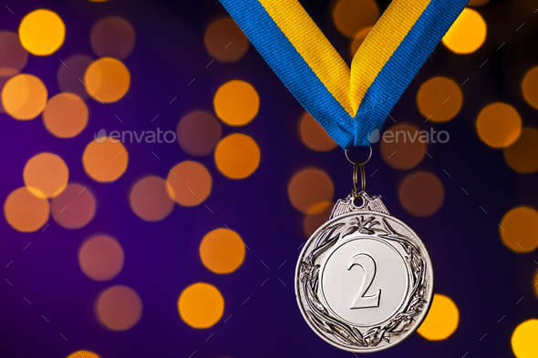 Silver second place runner up medallion on ribbon - Stock Photo - Images