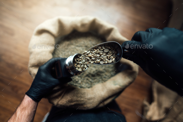 pouring coffee beans into a device for measuring humidity with a metal scoop - Stock Photo - Images