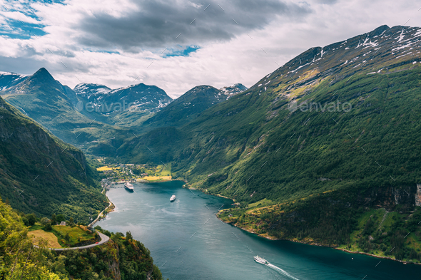 Geirangerfjord, Norway. Touristic Ship Ferry Boat Cruise Ship Liner Floating Near Geiranger In - Stock Photo - Images