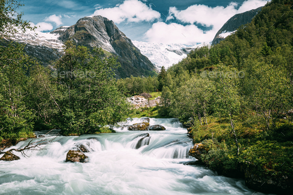Jostedalsbreen National Park, Sogn Og Fjordane County, Norway. River Near Boyabreen Glacier - Stock Photo - Images