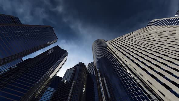 business center among high-rise buildings, smooth movement of the camera along the buildings alt