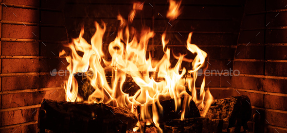 Burning Fireplace Real Wood Logs Cozy Warm Home At Xmas Time