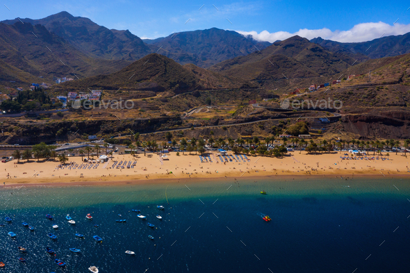 Aerial view of the golden sand, palm trees on the beach Las Teresitas, Tenerife, Canaries, Spain - Stock Photo - Images