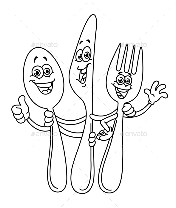 Outlined Spoon Knife and Fork Cartoon by yayayoyo | GraphicRiver