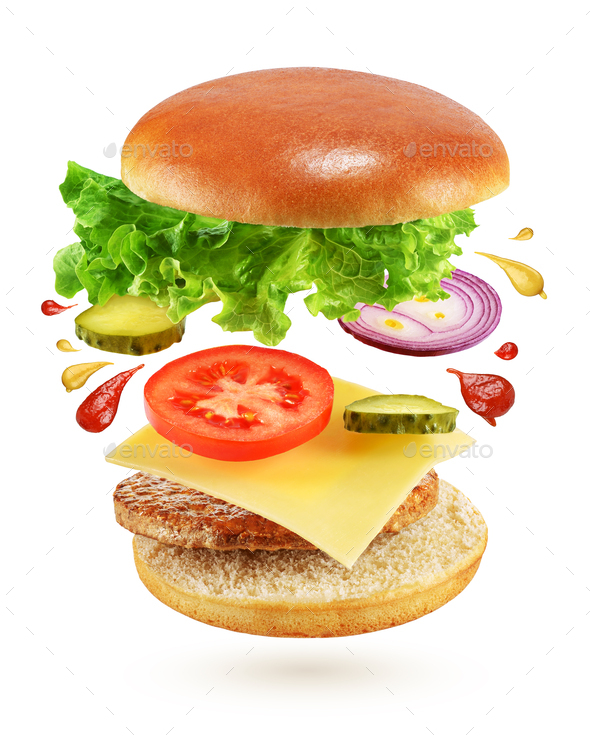 Flying burger isolated on white background - Stock Photo - Images