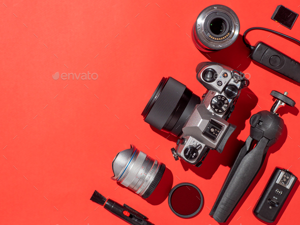 Camera and accessories on table, copy space - Stock Photo - Images
