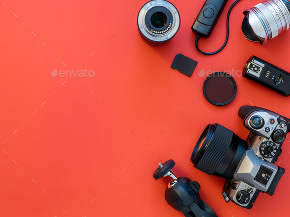 Camera and accessories on table, copy space - Stock Photo - Images