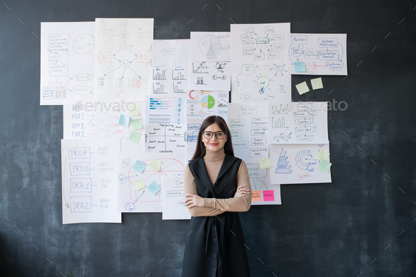 Elegant female economist standing by blackboard with flow charts and diagrams