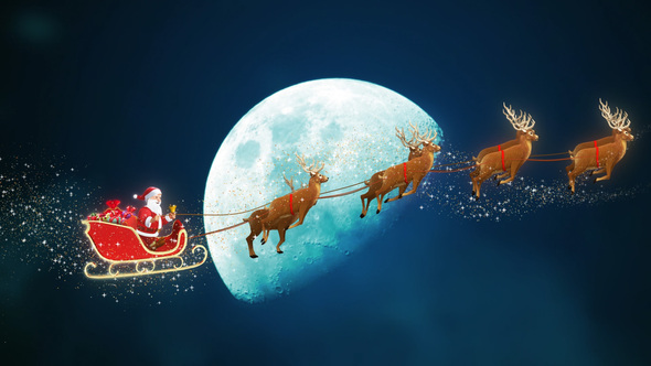 Santa Claus Riding Reindeer Sleigh on Sky Crossing Moon