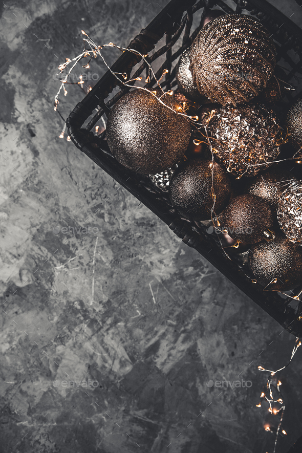 Christmas or New Year background:Christmas toys in vintage style on a gray background. New Year' - Stock Photo - Images