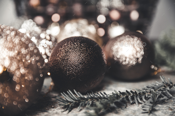 Christmas or New Year background. Vintage Christmas tree toy decoration balls and light garland - Stock Photo - Images